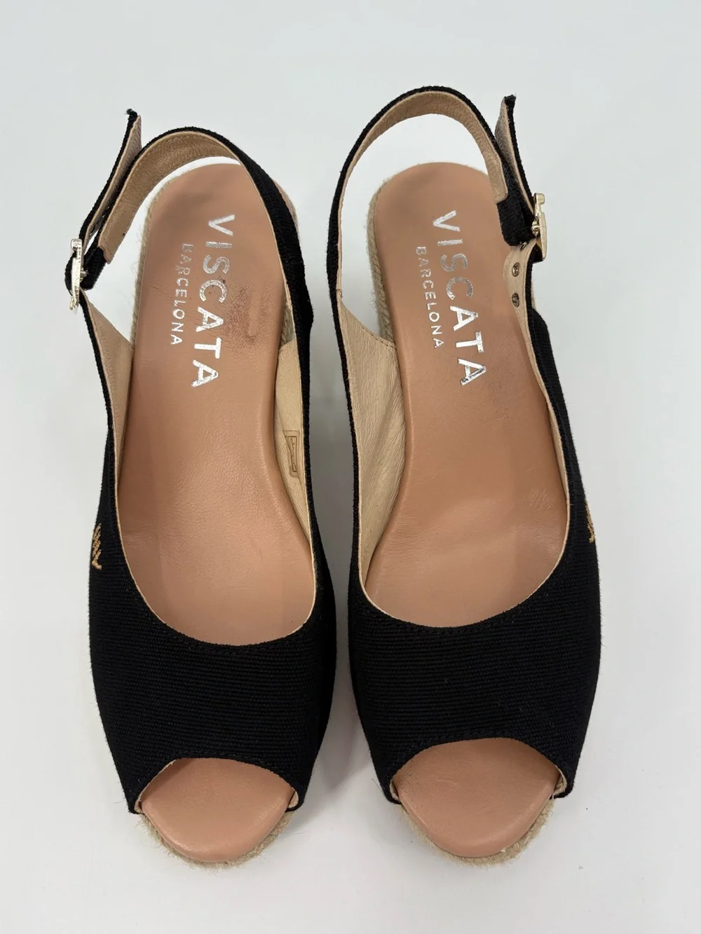 Viscata Gavina Black Canvas Espadrille Wedge Sandals Slingback Spain Size 7 / 38